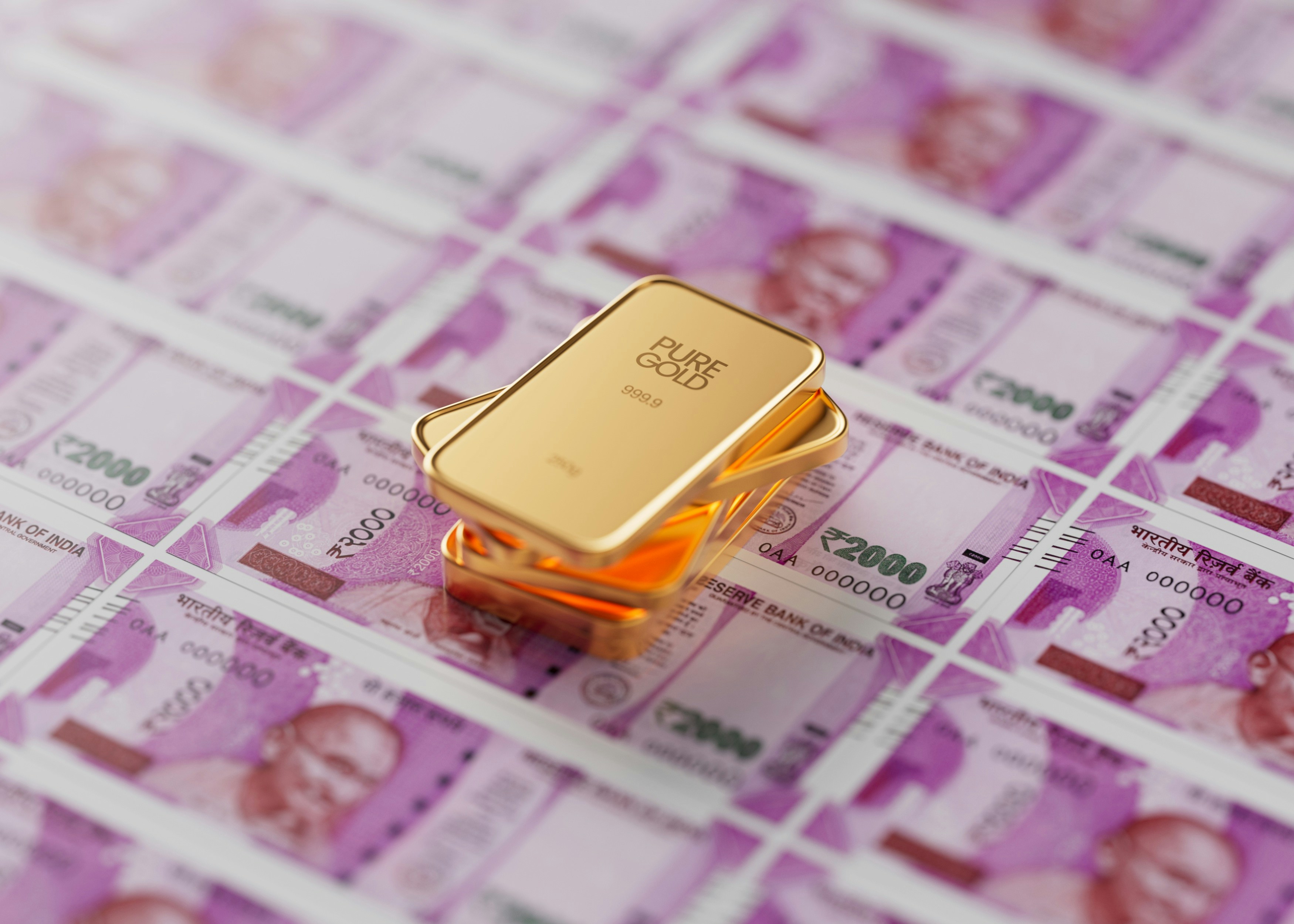 a gold bar sitting on top of a pile of money